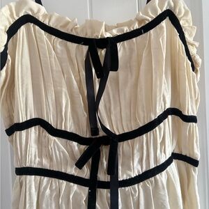 Cream and Black Ribbon-Trim Pleated Sundress